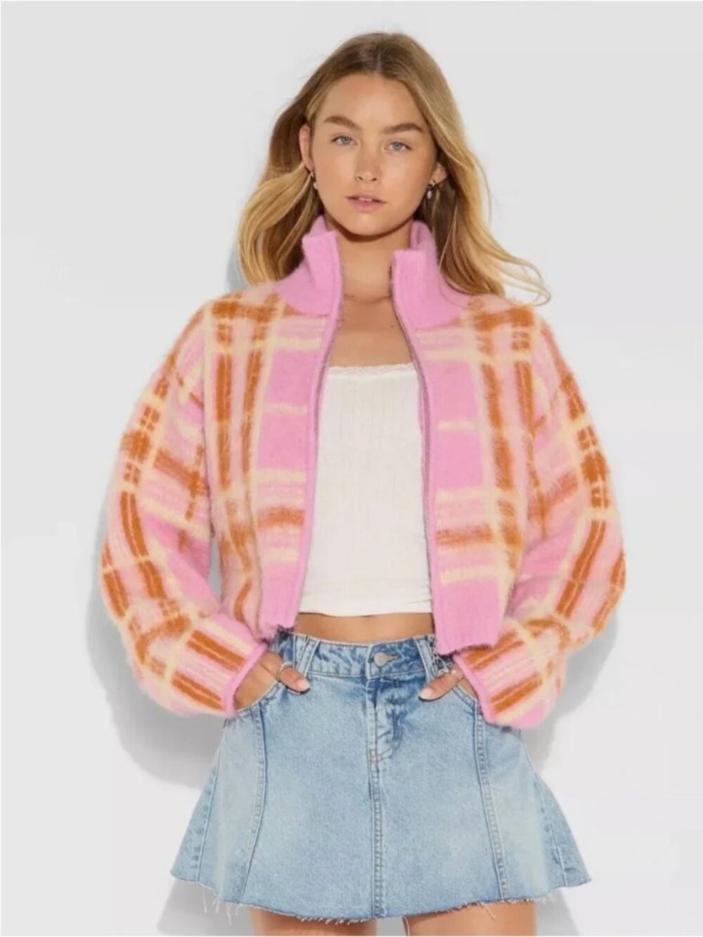 Pink Plaid Wild Fable Zip-Up Cropped Sweater Jacket XL